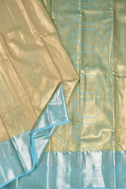 Golden Sandal Semi Silk Floral Wreath Butta Sky Blue Zari Border Pallu Saree