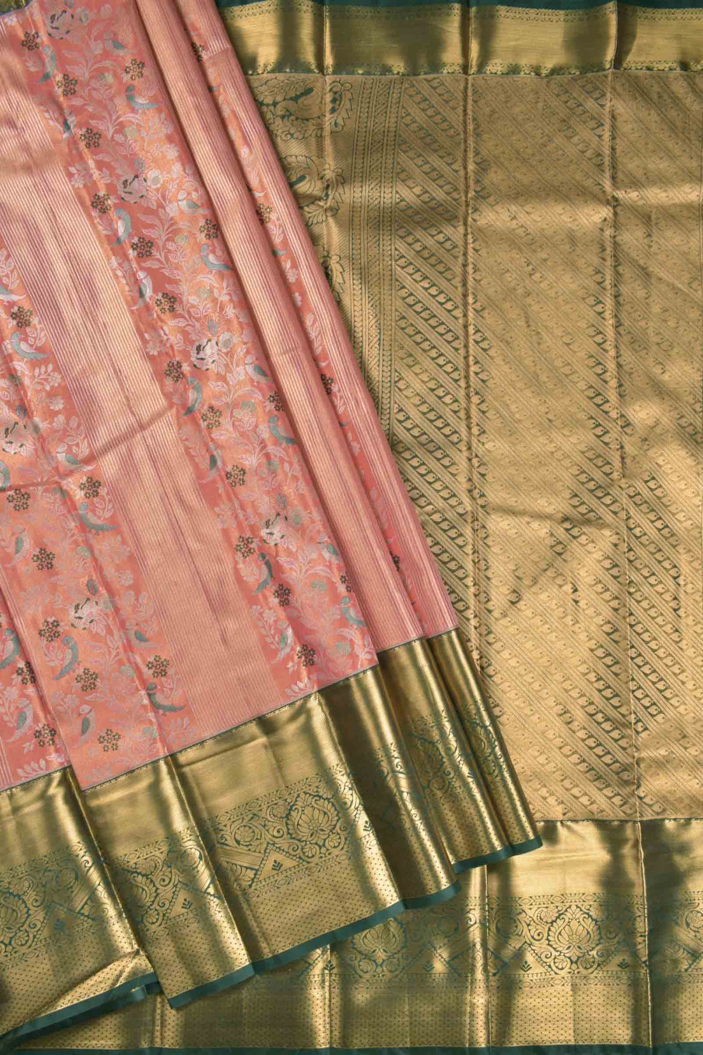 Golden Pink Semi Silk Fancy Pillars of Wings Green Zari Border Pallu Saree