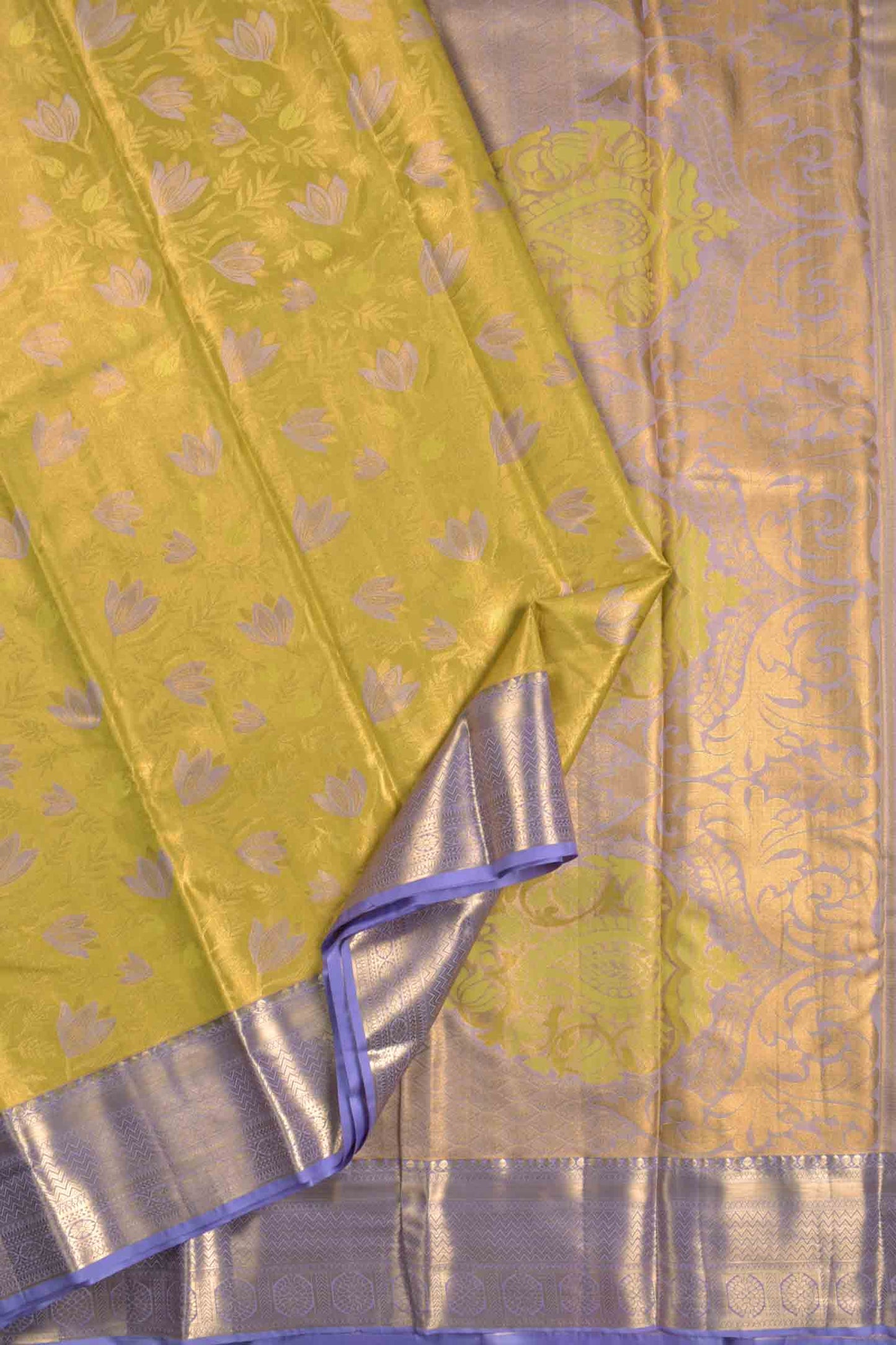 Golden Mustard Yellow Semi Silk Violet Lilies Violet Zari Border  Saree