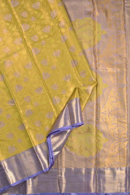 Golden Mustard Yellow Semi Silk Violet Lilies Violet Zari Border  Saree