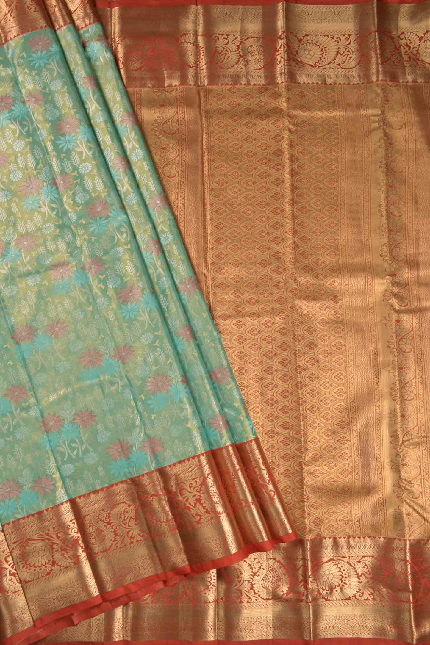 Golden Light Green Semi Silk Meena Florals Golden Red Zari Border Pallu Saree