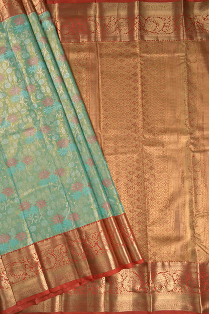 Golden Light Green Semi Silk Meena Florals Golden Red Zari Border Pallu Saree