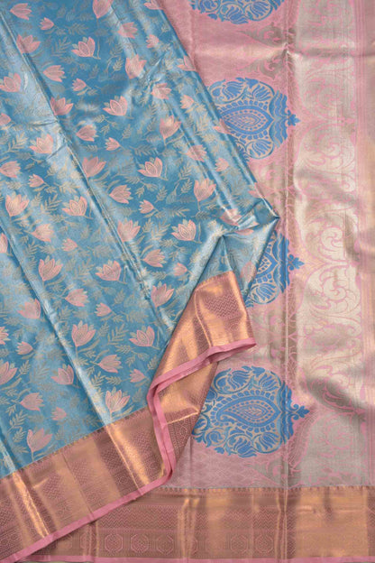 Golden Light Blue Semi Silk Fresh Lilies Golden Pink Zari Border Mango Pallu Saree