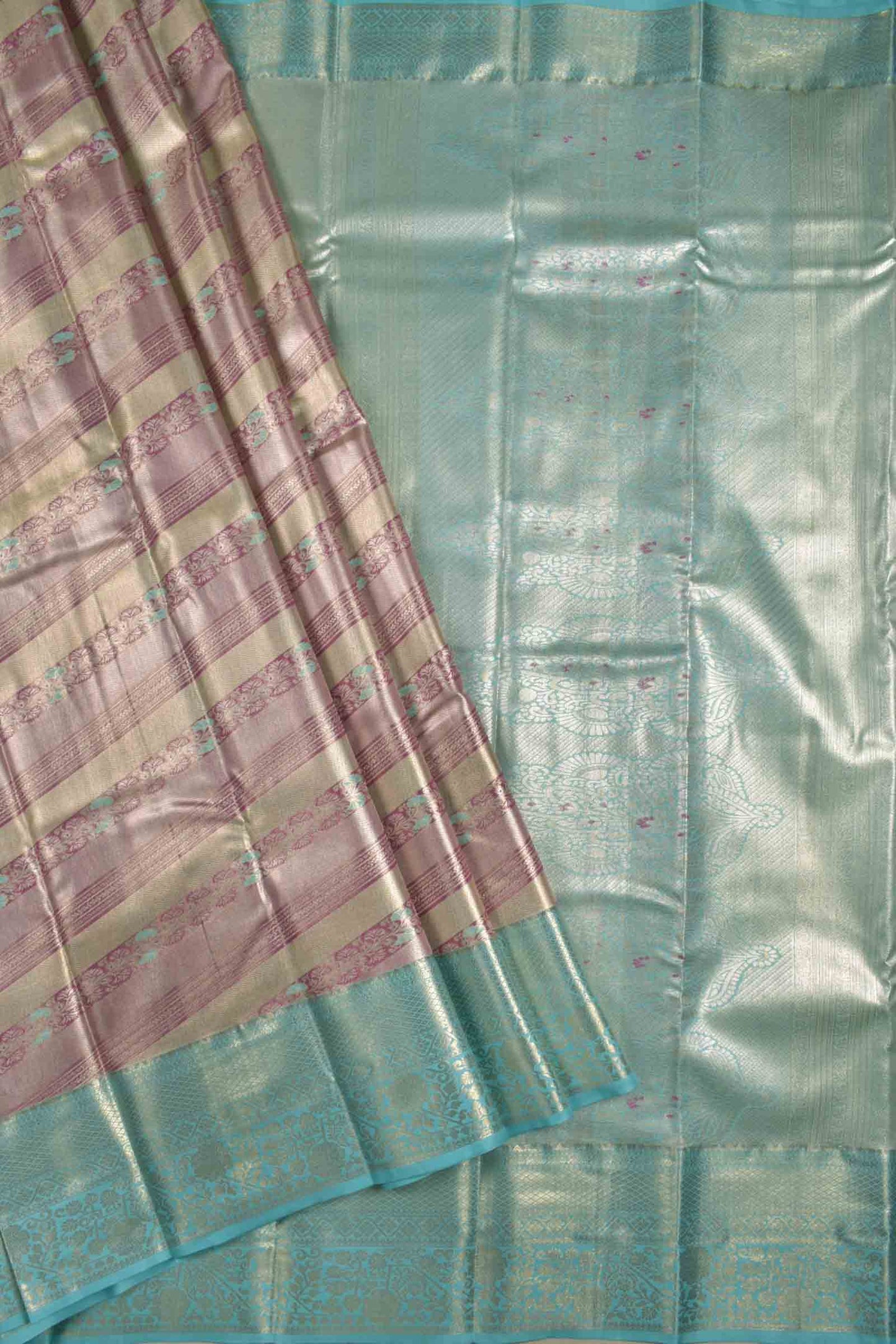 Golden Light Voilet With Sandal Semi Silk Cross Stripes Green Zari Border Pallu Saree