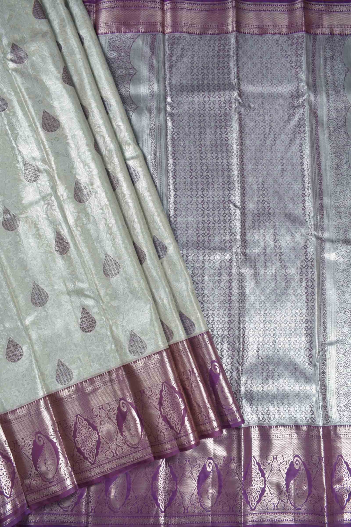 Silver Semi Silk Rain drop Butta Contrast Violet Zari Border Saree