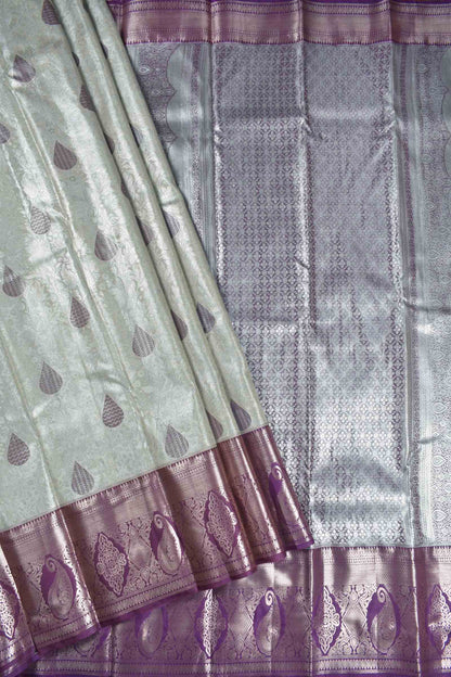 Silver Semi Silk Rain drop Butta Contrast Violet Zari Border Saree