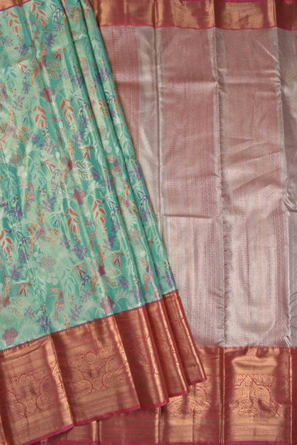Aqua Blue Semi Silk Rainbow Grove Golden Pink Zari Border Saree