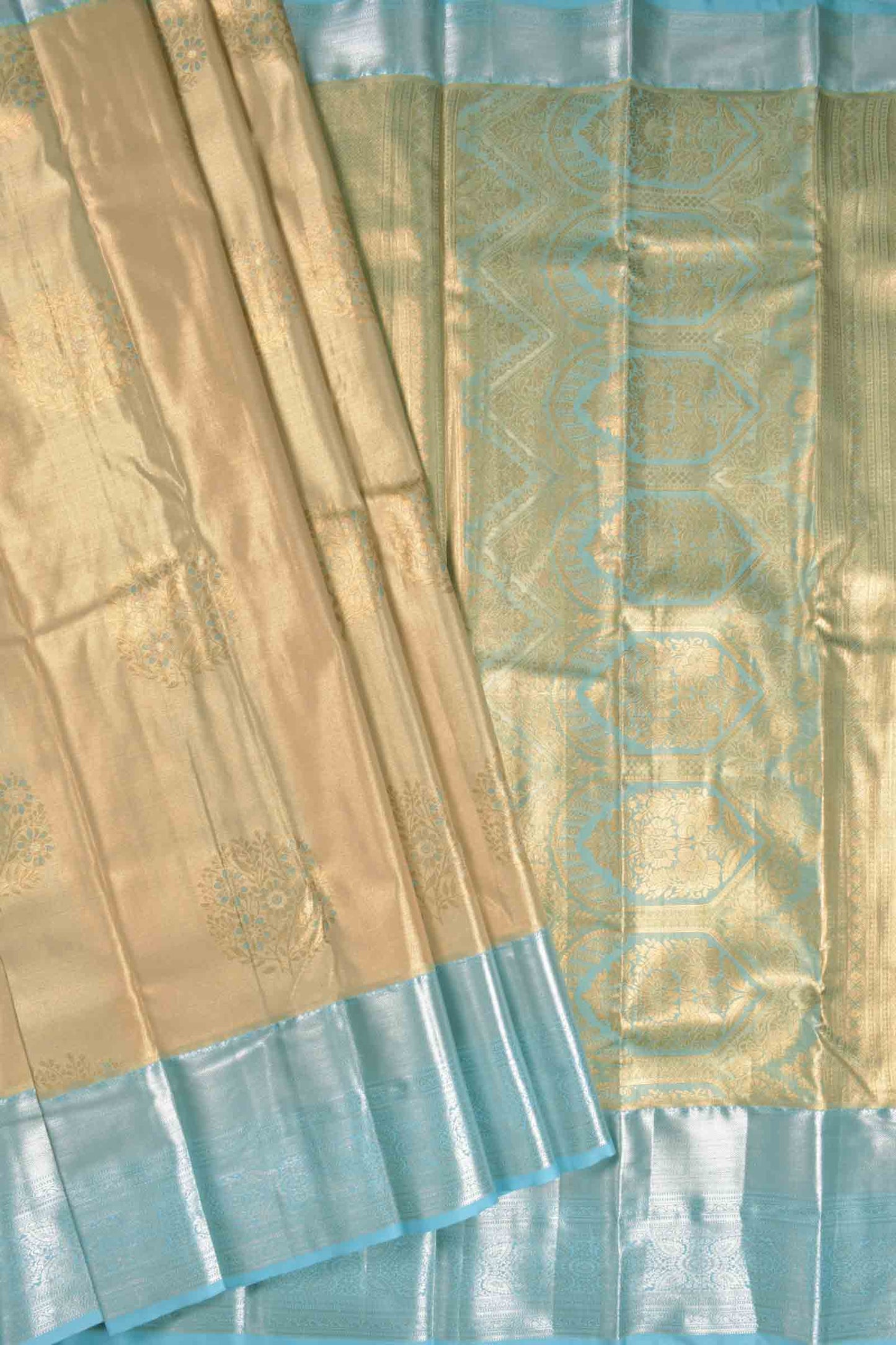 Golden Sandal Semi Silk Floral Wreath Butta Sky Blue Zari Border Pallu Saree