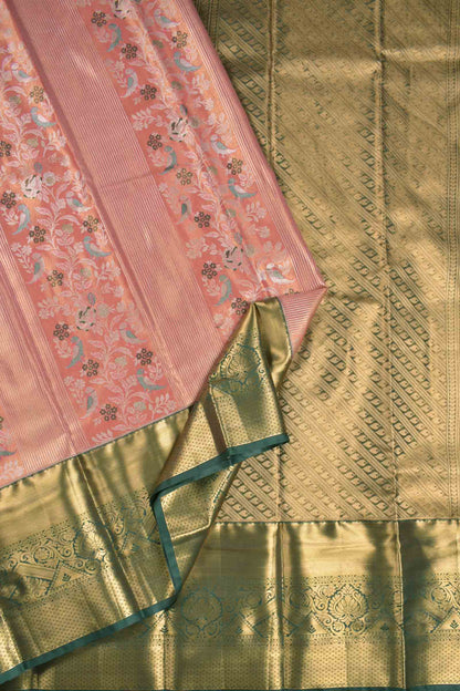 Golden Pink Semi Silk Fancy Pillars of Wings Green Zari Border Pallu Saree
