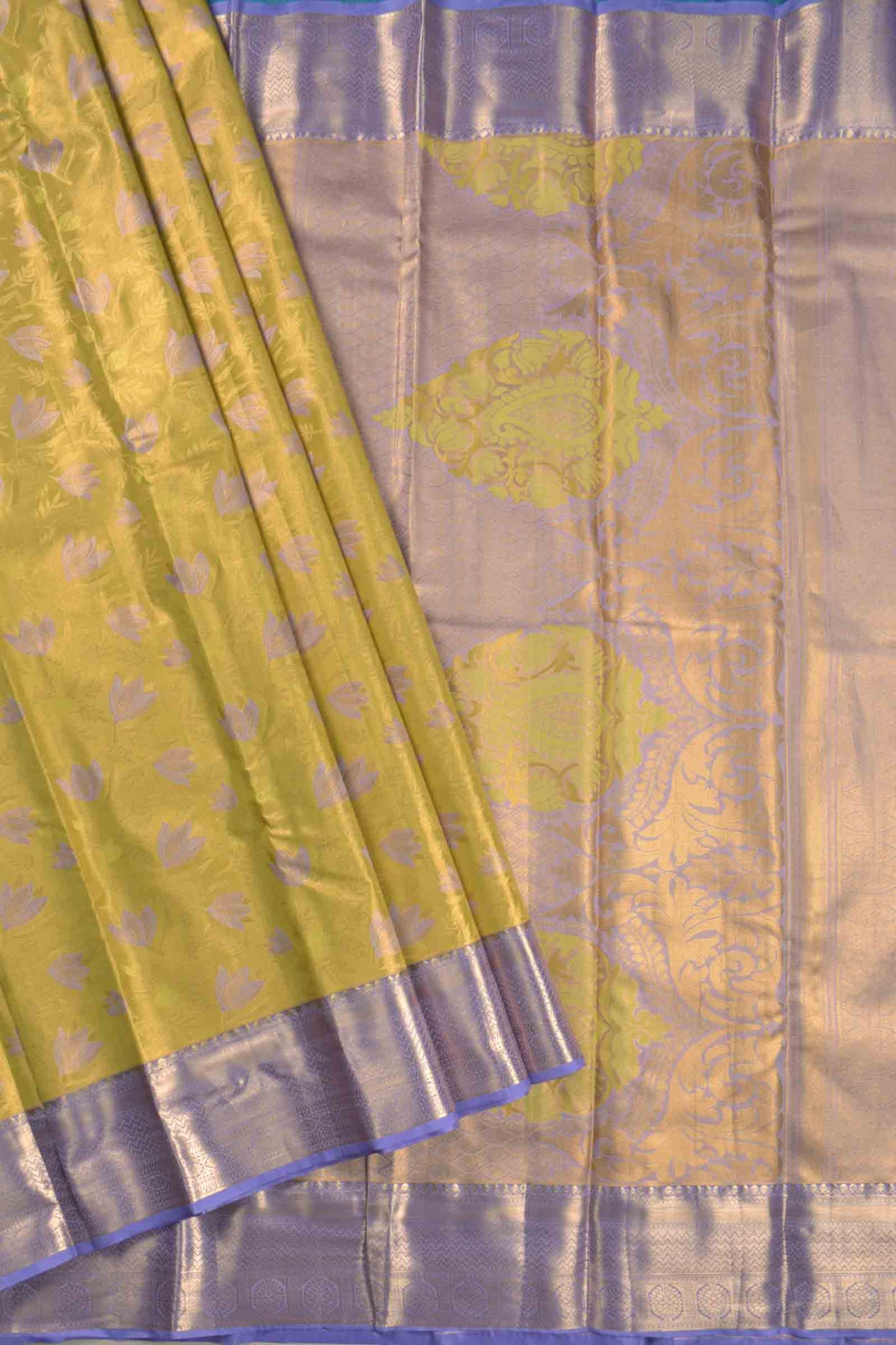 Golden Mustard Yellow Semi Silk Violet Lilies Violet Zari Border  Saree