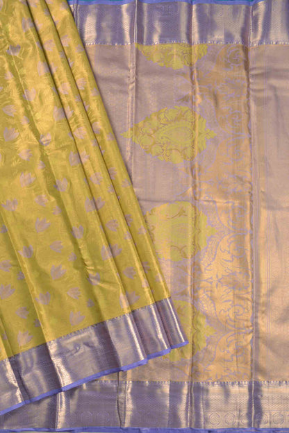 Golden Mustard Yellow Semi Silk Violet Lilies Violet Zari Border  Saree