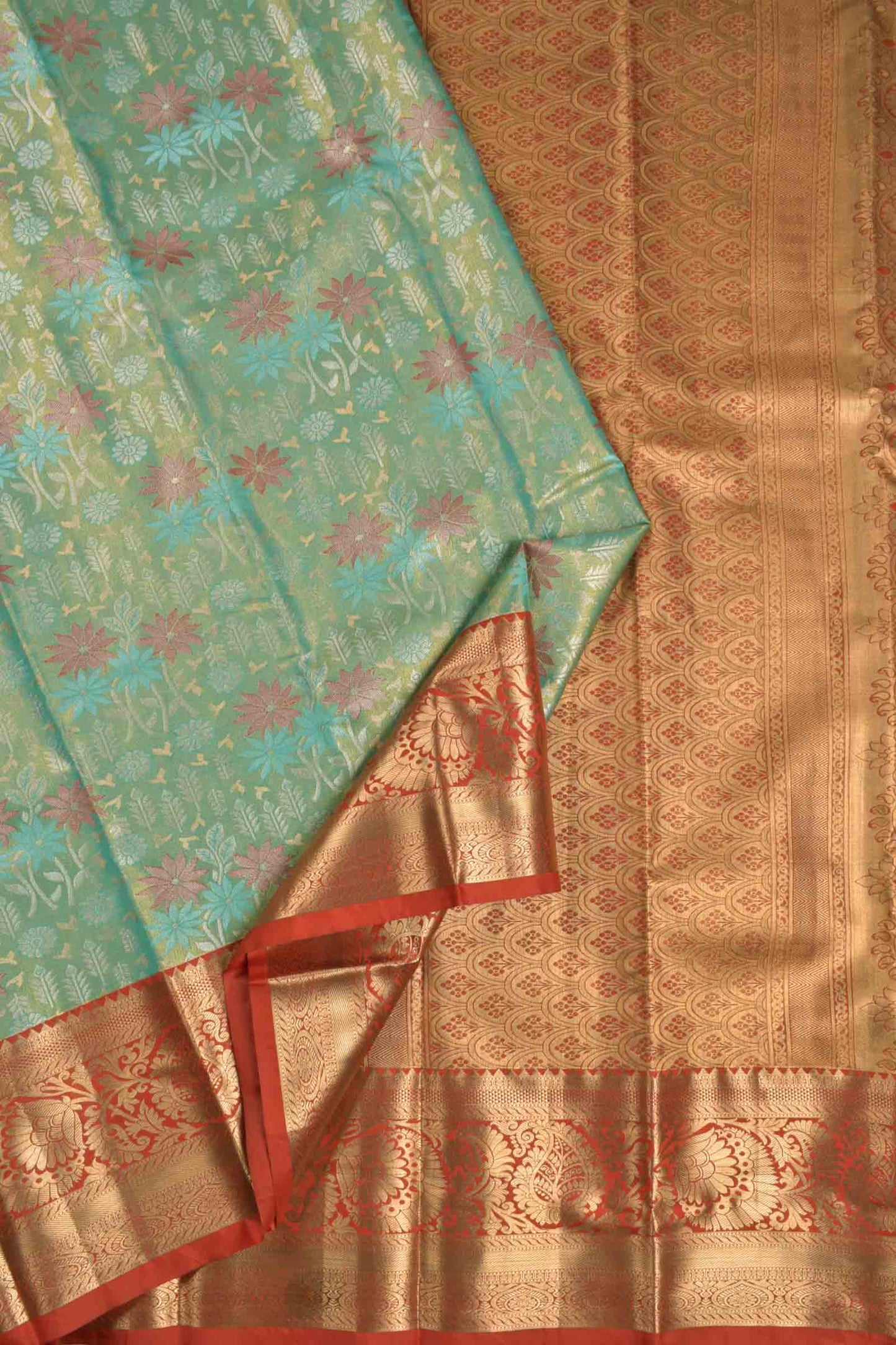 Golden Light Green Semi Silk Meena Florals Golden Red Zari Border Pallu Saree