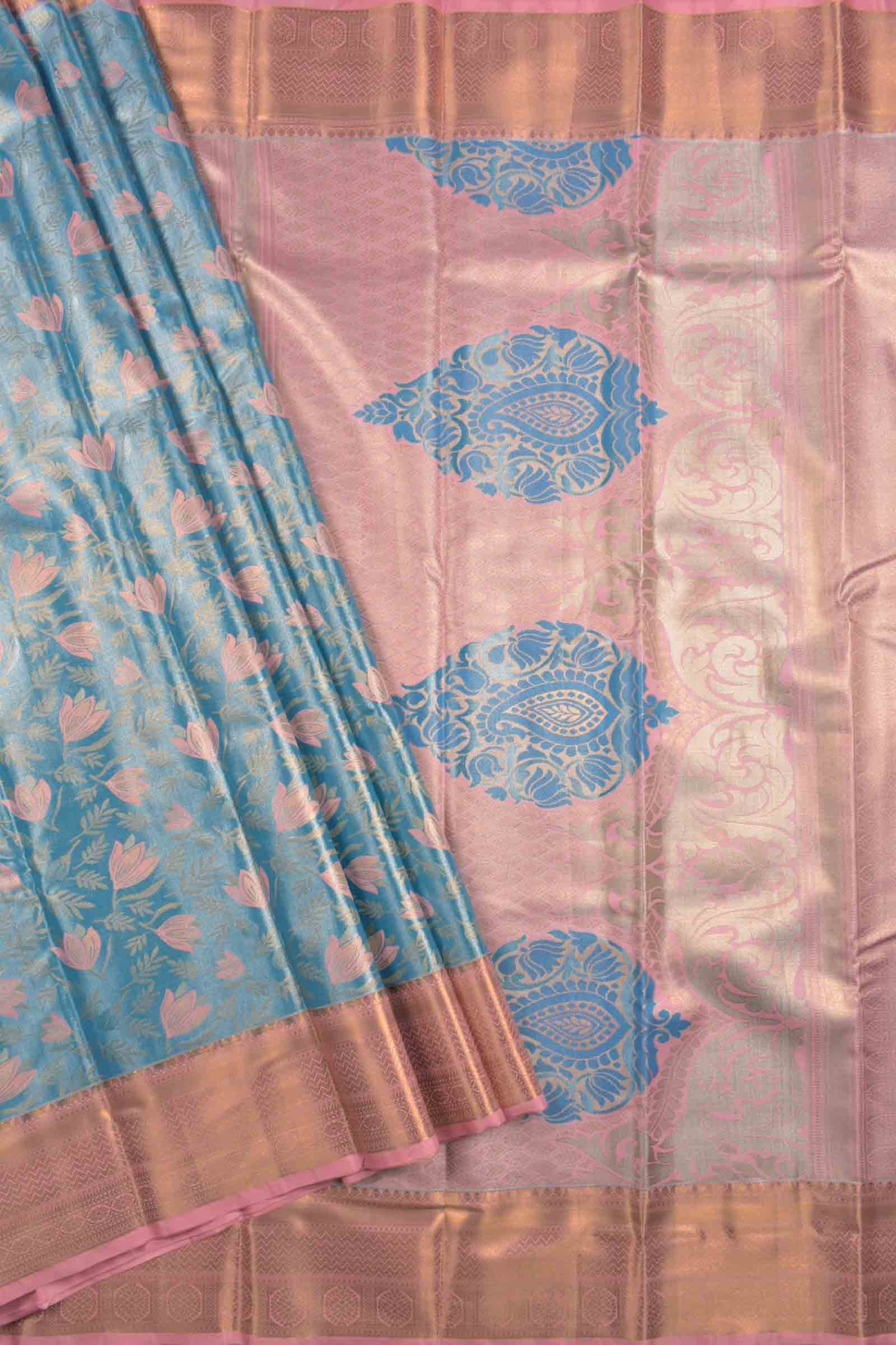 Golden Light Blue Semi Silk Fresh Lilies Golden Pink Zari Border Mango Pallu Saree
