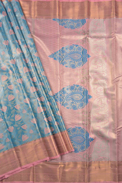 Golden Light Blue Semi Silk Fresh Lilies Golden Pink Zari Border Mango Pallu Saree