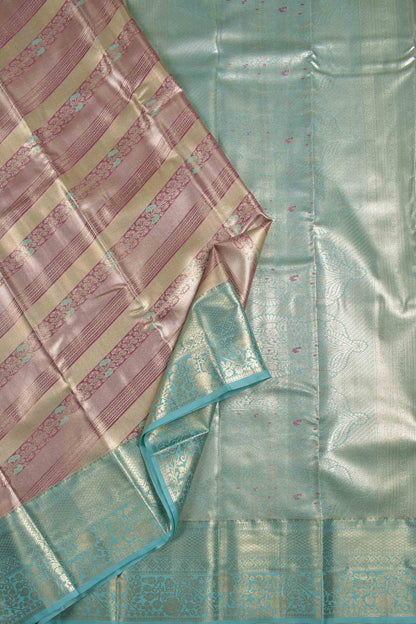 Golden Light Voilet With Sandal Semi Silk Cross Stripes Green Zari Border Pallu Saree