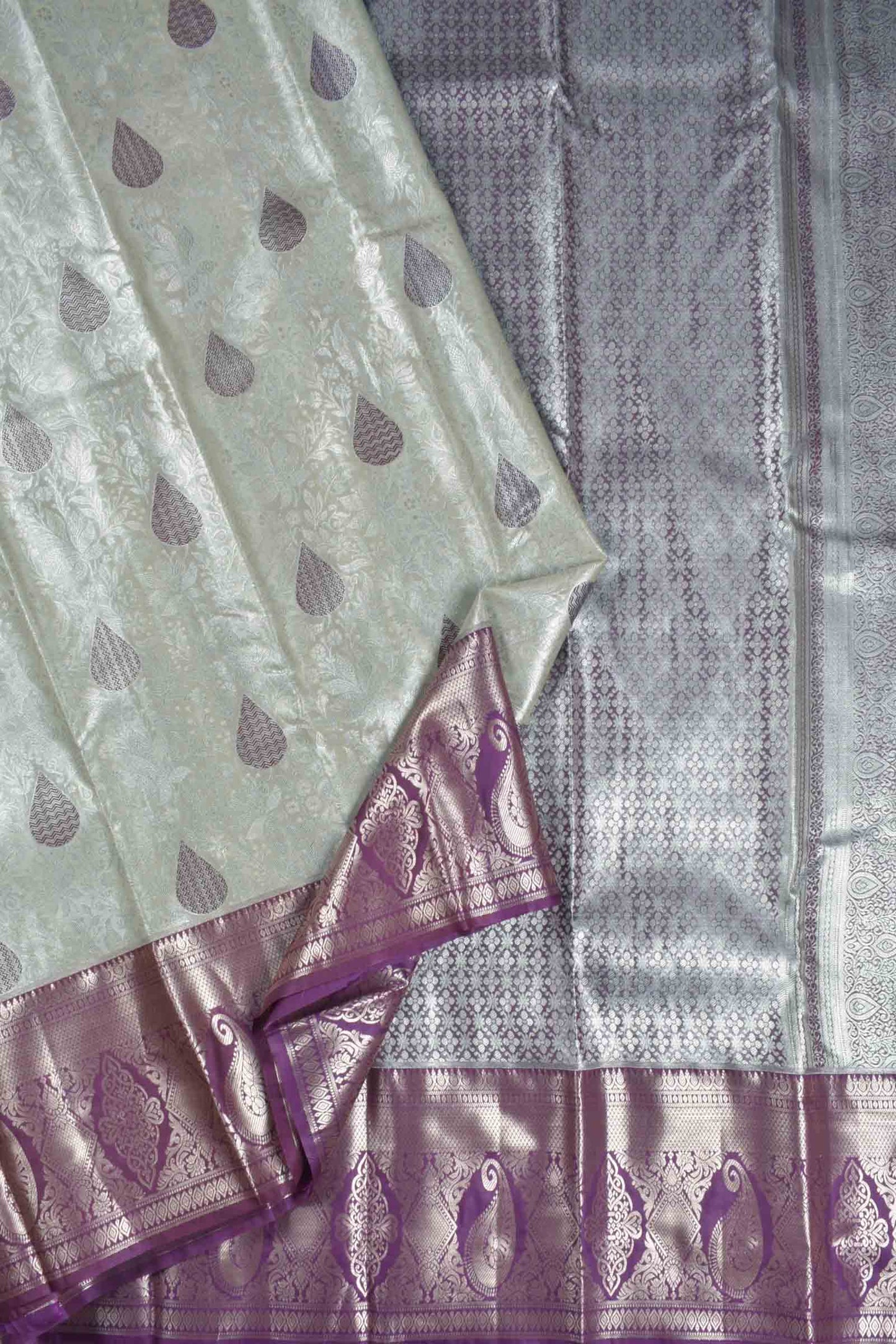 Silver Semi Silk Rain drop Butta Contrast Violet Zari Border Saree