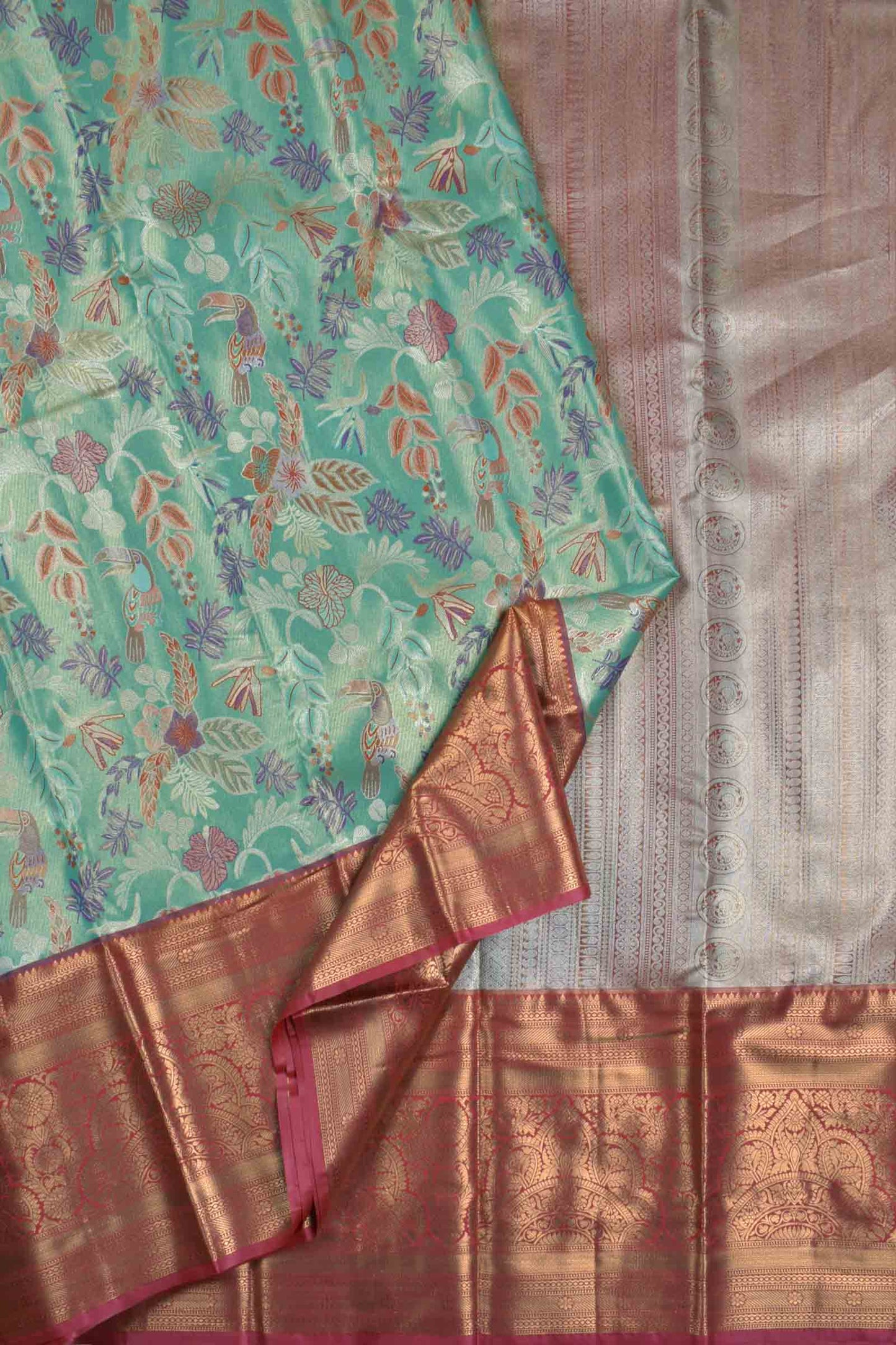 Aqua Blue Semi Silk Rainbow Grove Golden Pink Zari Border Saree