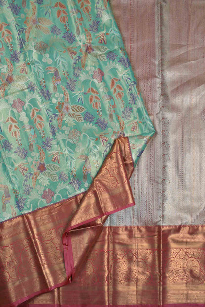 Aqua Blue Semi Silk Rainbow Grove Golden Pink Zari Border Saree