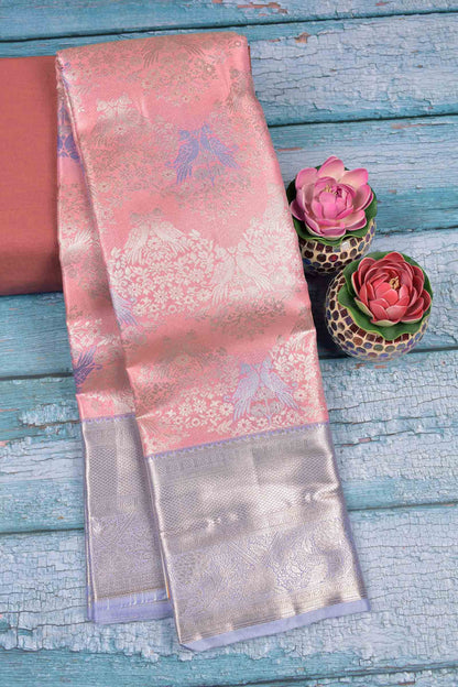 Pink Semi Silk Twin Peacocks Violet Zari Border Pallu Saree