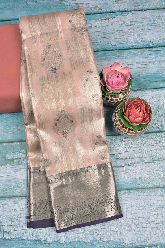 Pastel Pink Semi Silk Fancy Frame Butta Violet Zari Border Pallu Saree