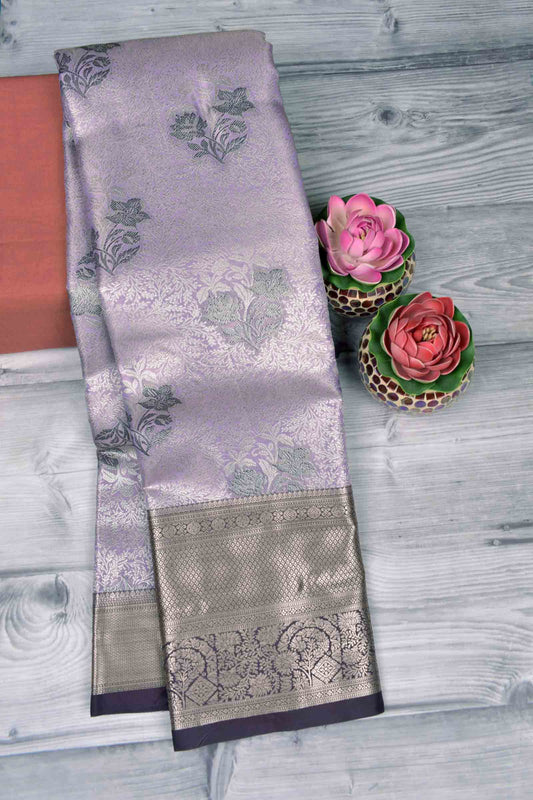 Light Voilet Semi Silk Contrast Florals Golden Zari Border Saree