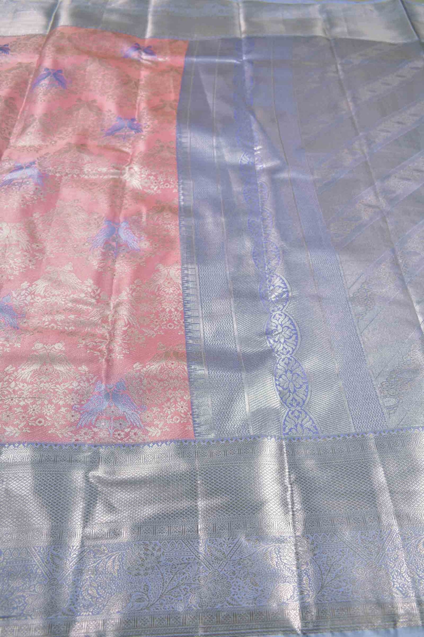 Pink Semi Silk Twin Peacocks Violet Zari Border Pallu Saree
