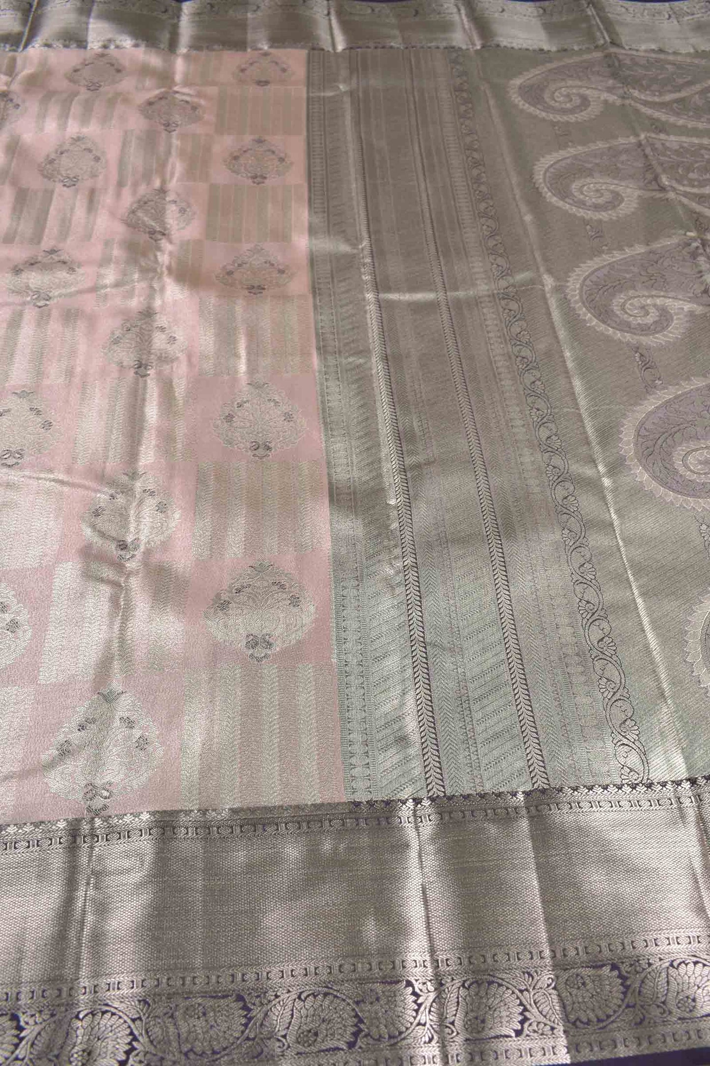 Pastel Pink Semi Silk Fancy Frame Butta Violet Zari Border Pallu Saree
