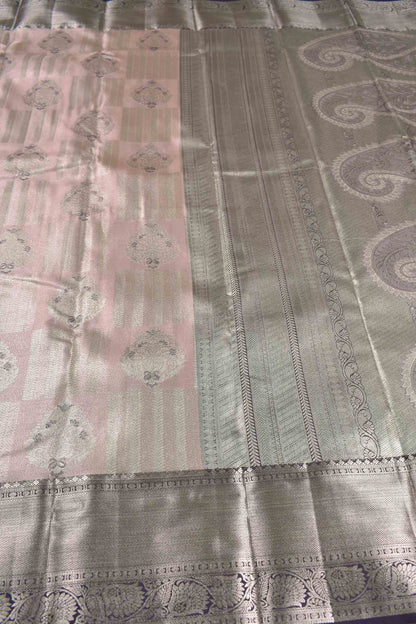 Pastel Pink Semi Silk Fancy Frame Butta Violet Zari Border Pallu Saree