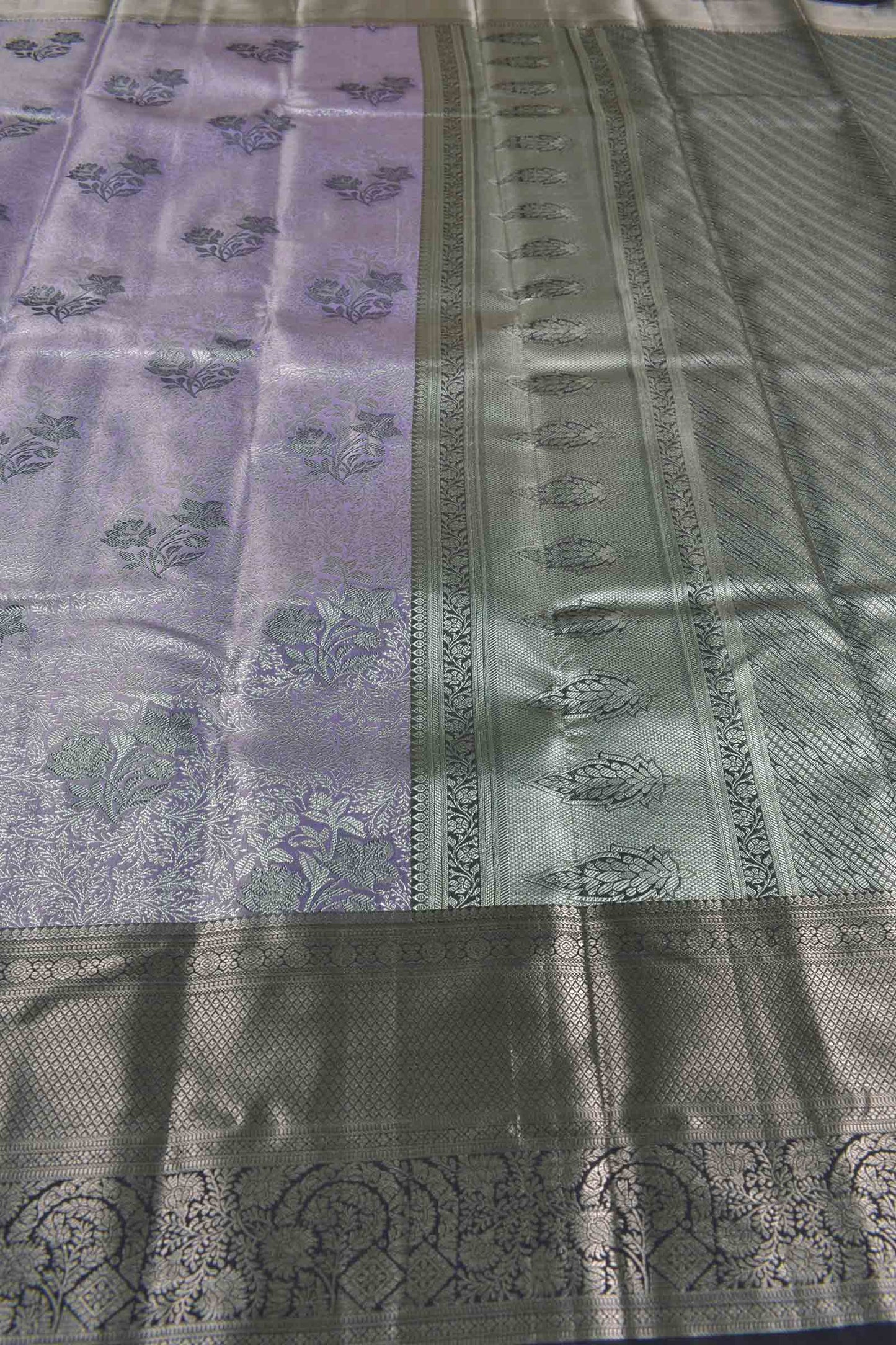 Light Voilet Semi Silk Contrast Florals Golden Zari Border Saree