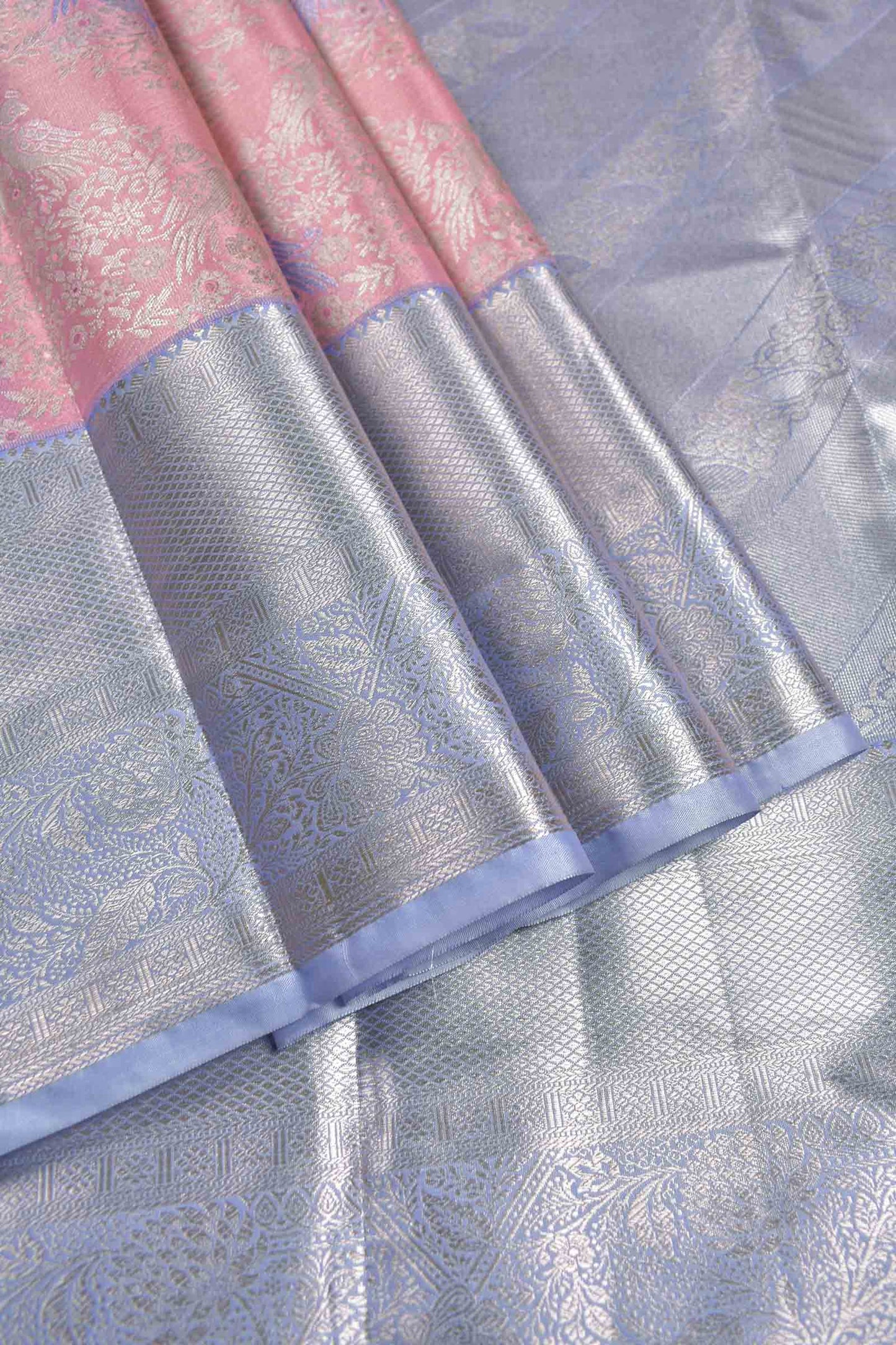 Pink Semi Silk Twin Peacocks Violet Zari Border Pallu Saree