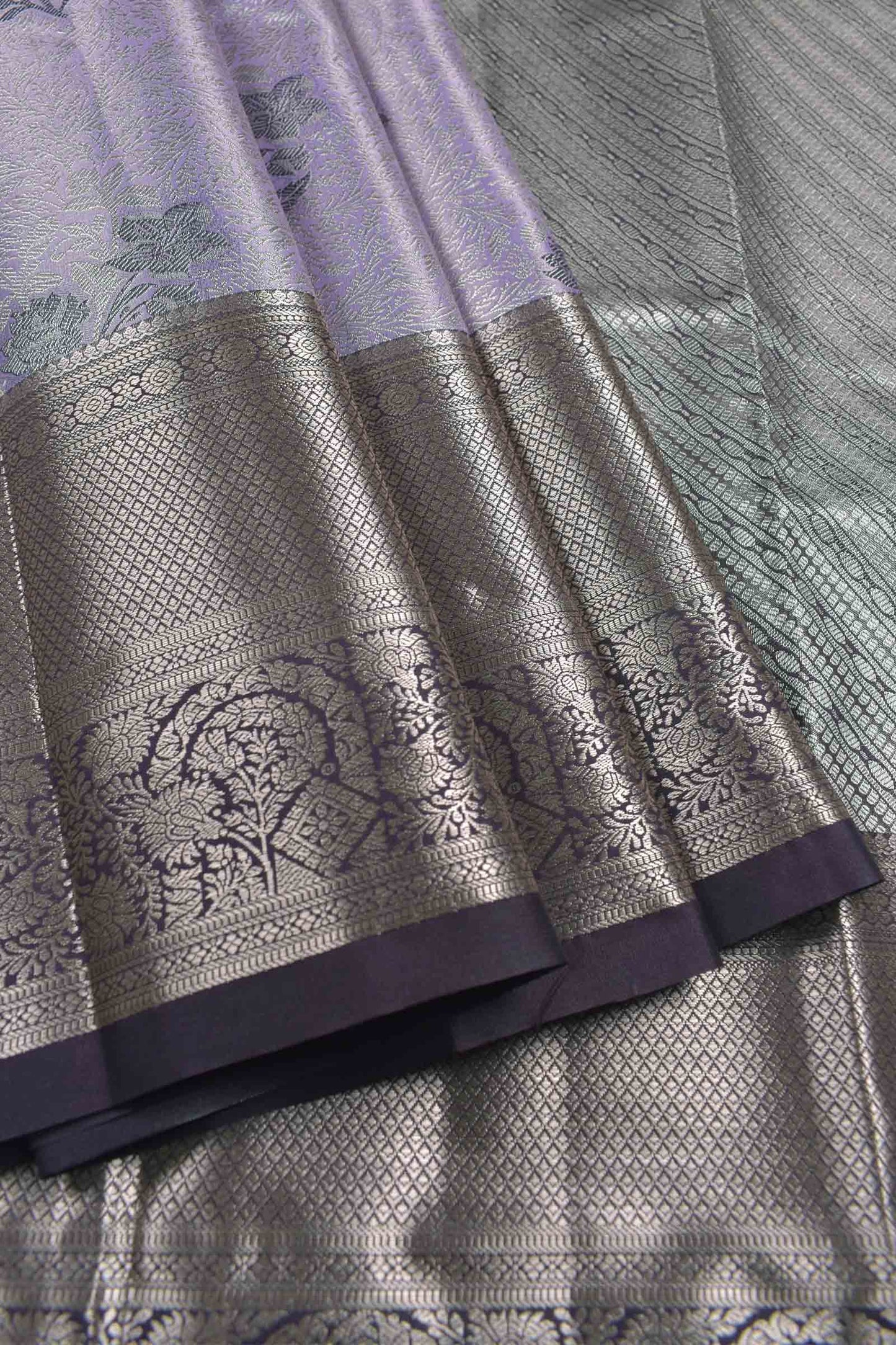 Light Voilet Semi Silk Contrast Florals Golden Zari Border Saree