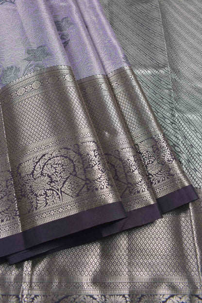 Light Voilet Semi Silk Contrast Florals Golden Zari Border Saree