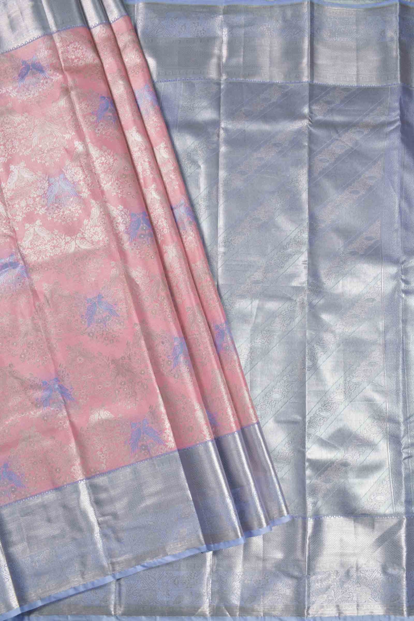 Pink Semi Silk Twin Peacocks Violet Zari Border Pallu Saree