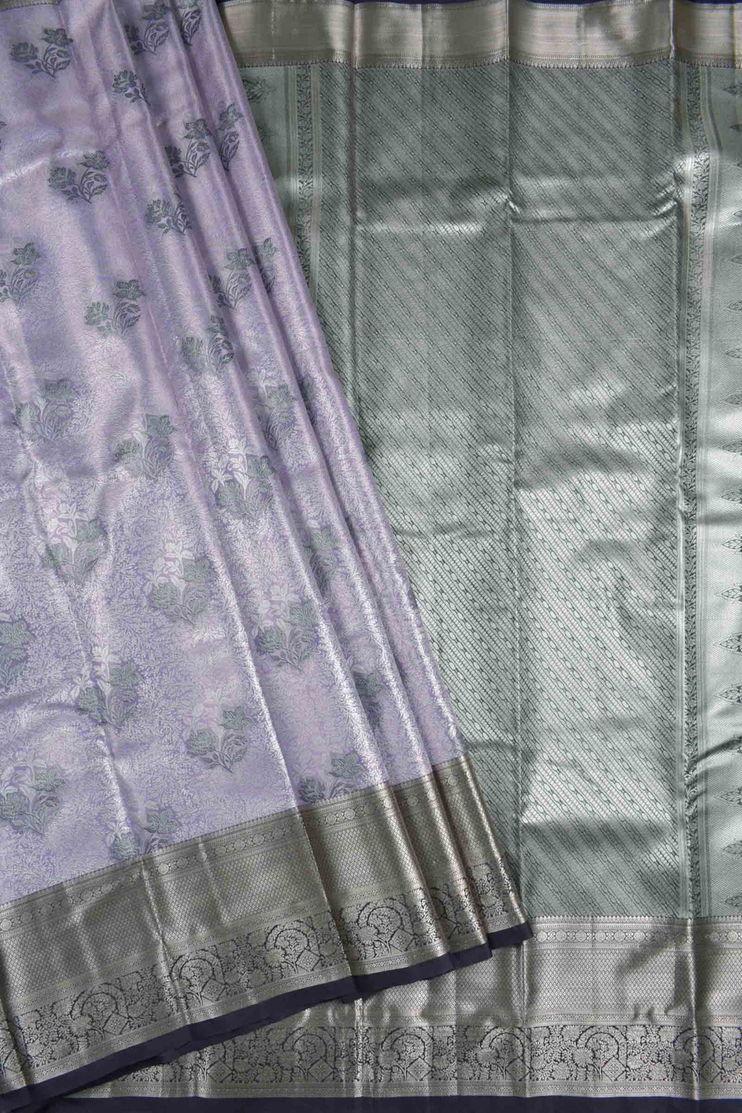 Light Voilet Semi Silk Contrast Florals Golden Zari Border Saree