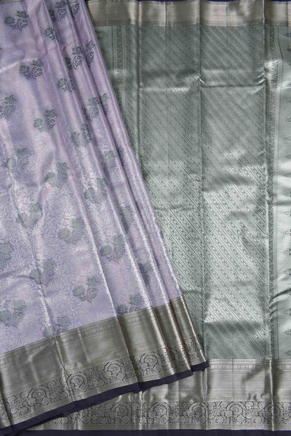 Light Voilet Semi Silk Contrast Florals Golden Zari Border Saree