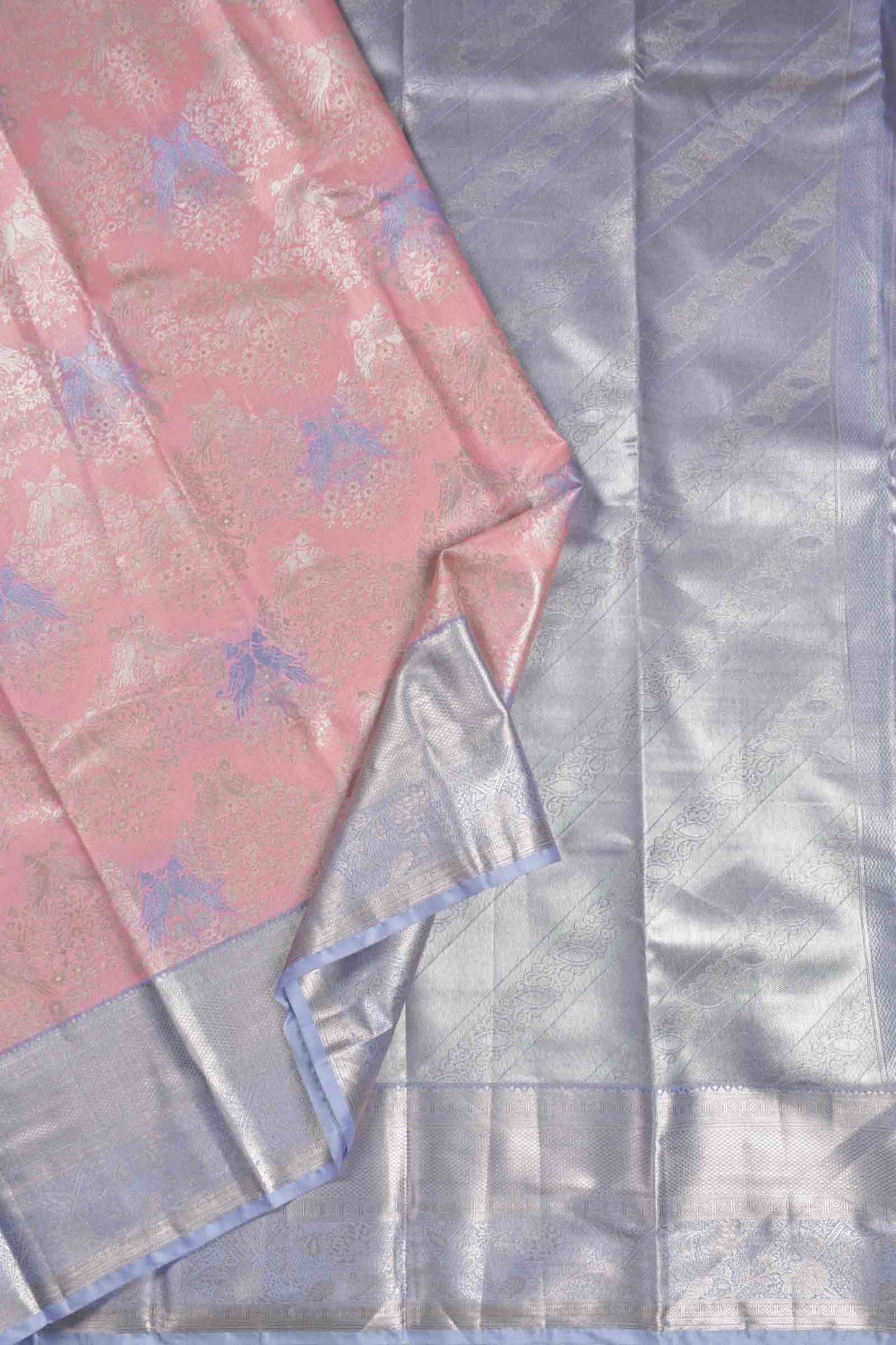 Pink Semi Silk Twin Peacocks Violet Zari Border Pallu Saree