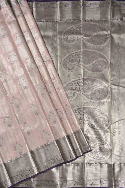 Pastel Pink Semi Silk Fancy Frame Butta Violet Zari Border Pallu Saree