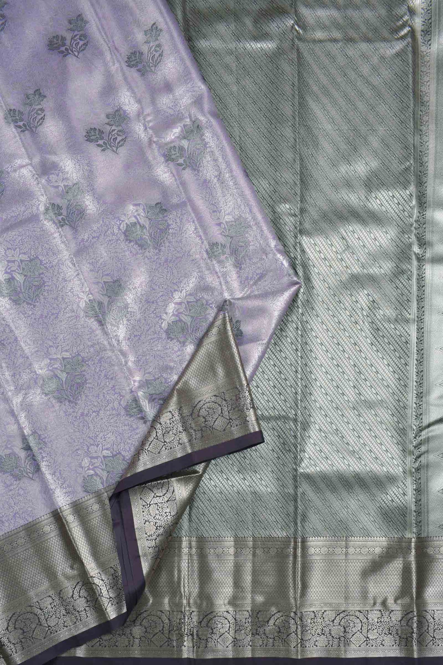 Light Voilet Semi Silk Contrast Florals Golden Zari Border Saree