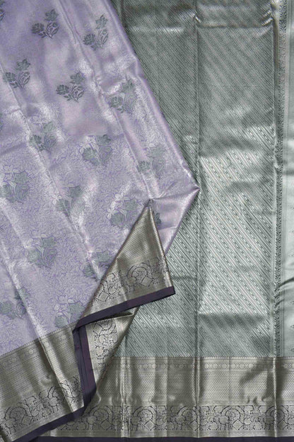 Light Voilet Semi Silk Contrast Florals Golden Zari Border Saree