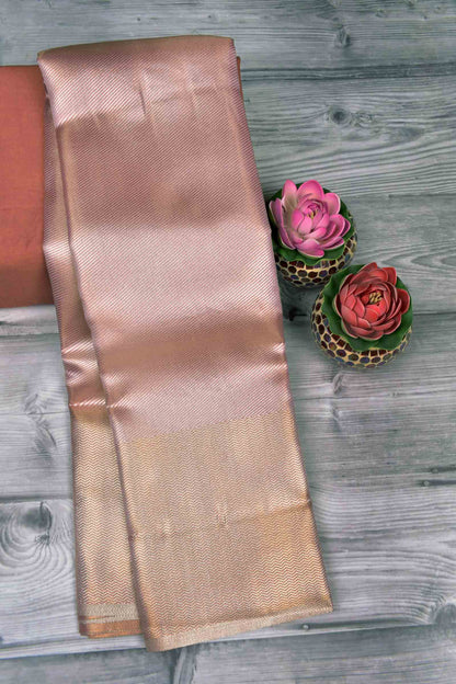 Golden Pink Semi Silk Golden Cross Lines Zari Border Pallu Saree