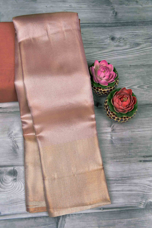 Golden Pink Semi Silk Golden Cross Lines Zari Border Pallu Saree