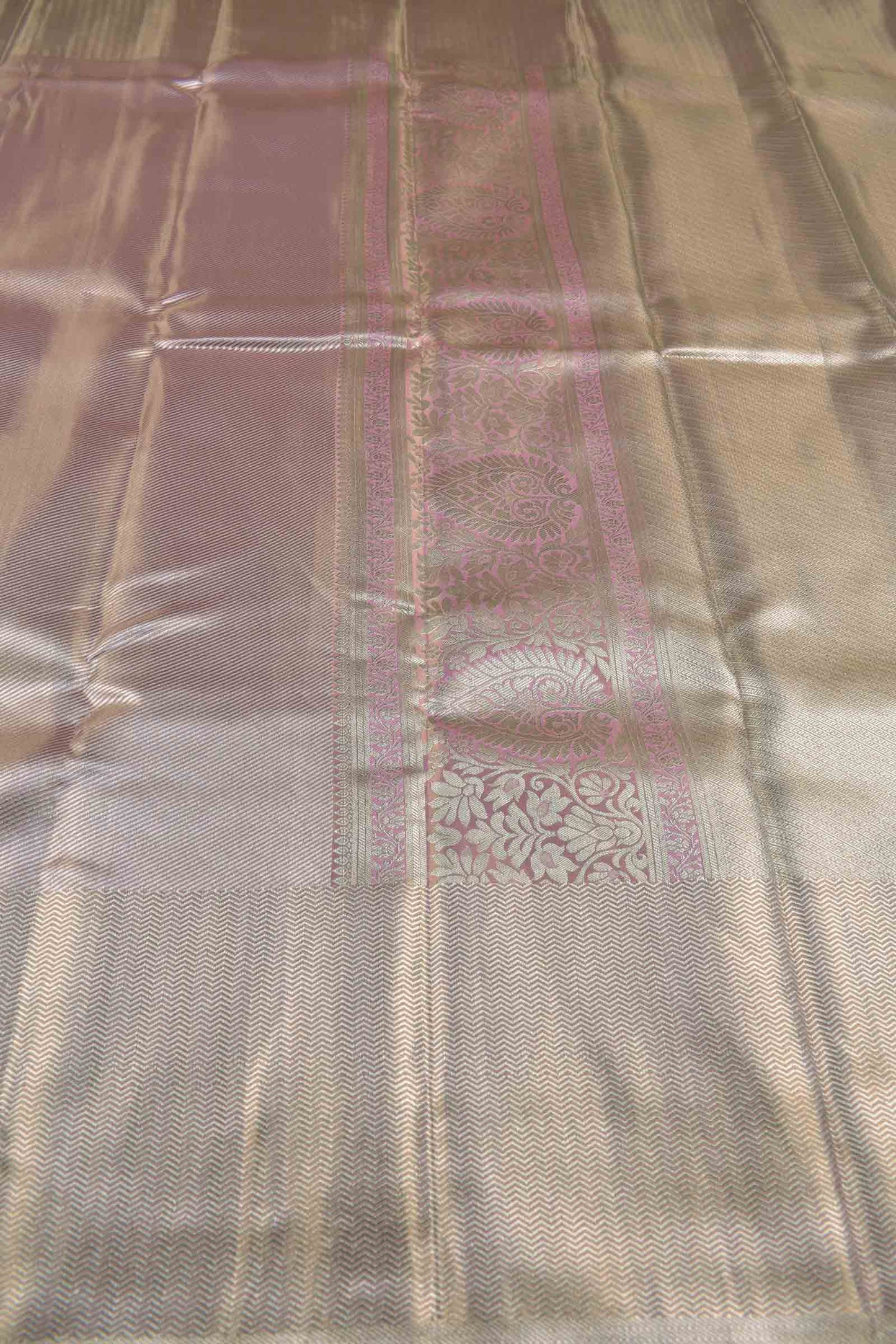 Golden Pink Semi Silk Golden Cross Lines Zari Border Pallu Saree