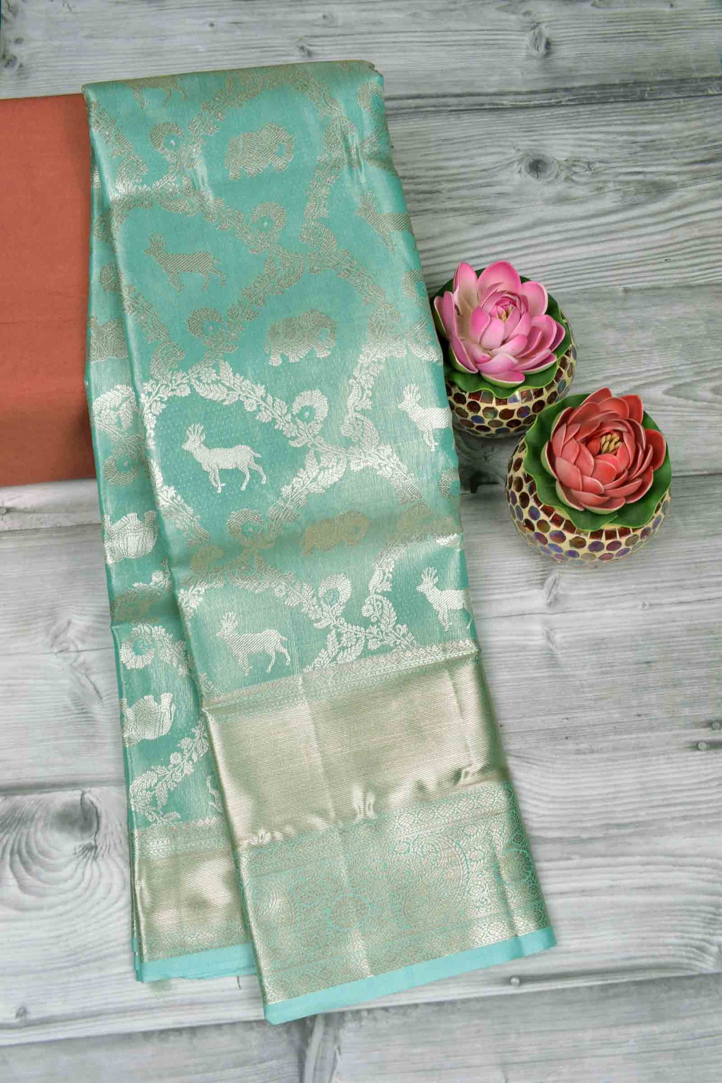 Golden Light Green Semi Silk Heer Jaal  Zari Border Pallu Saree