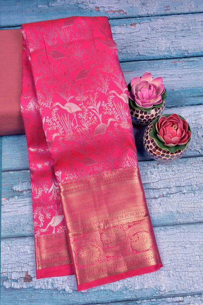 Hot Pink Semi Silk Fancy Cranes Golden Zari Border Pallu Saree