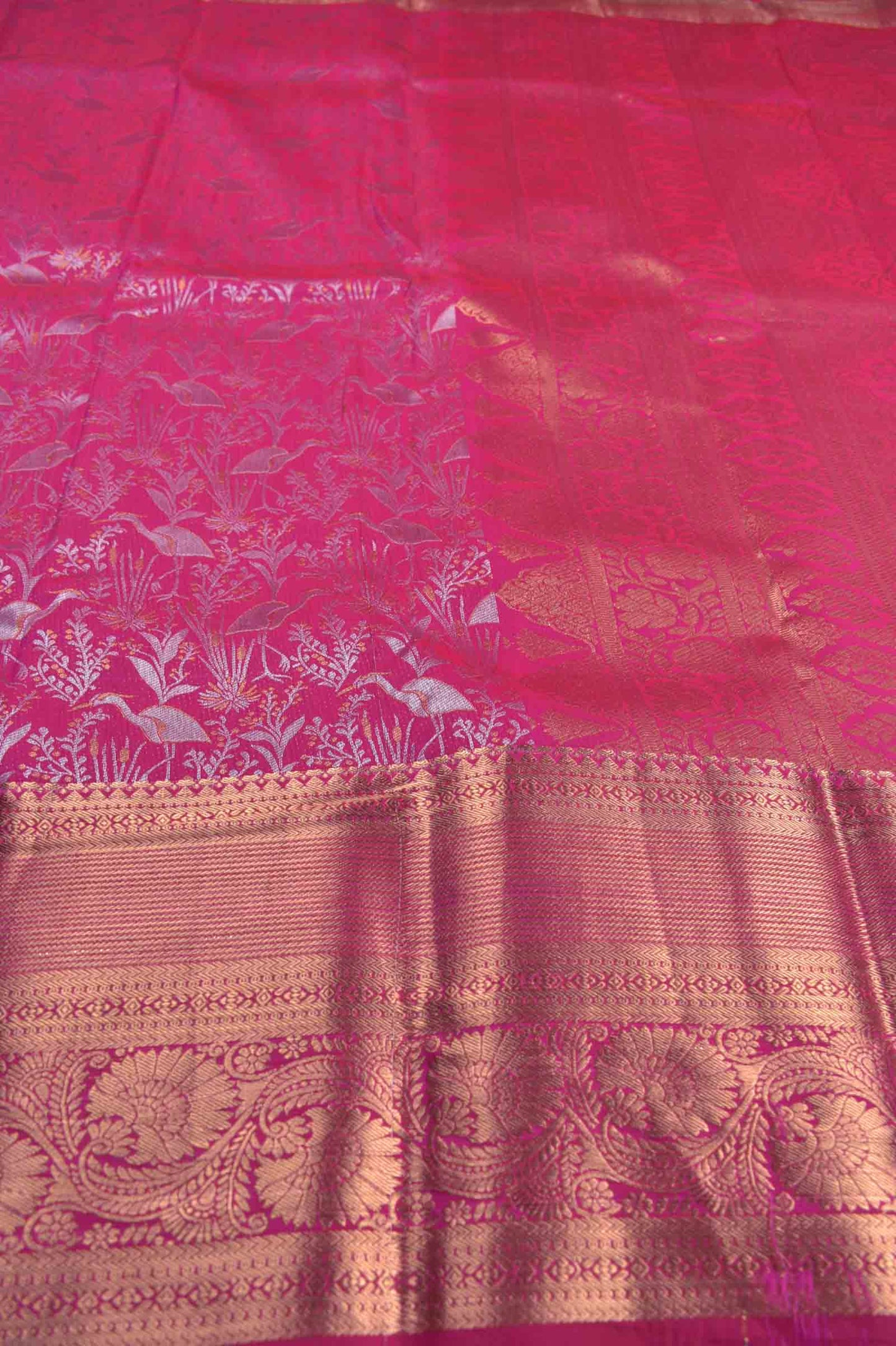 Hot Pink Semi Silk Fancy Cranes Golden Zari Border Pallu Saree