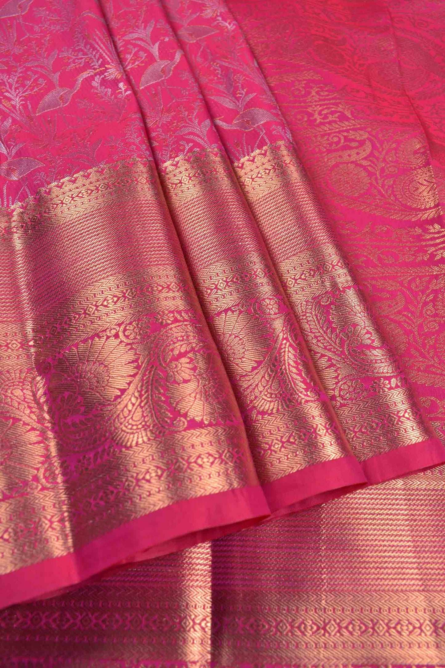 Hot Pink Semi Silk Fancy Cranes Golden Zari Border Pallu Saree