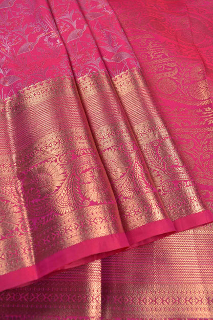 Hot Pink Semi Silk Fancy Cranes Golden Zari Border Pallu Saree