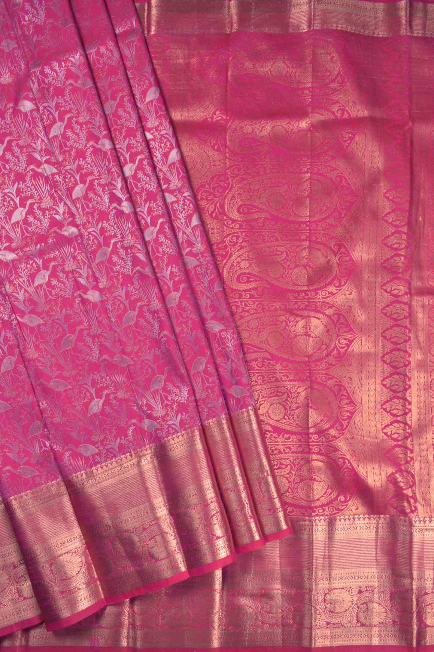 Hot Pink Semi Silk Fancy Cranes Golden Zari Border Pallu Saree