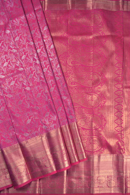 Hot Pink Semi Silk Fancy Cranes Golden Zari Border Pallu Saree