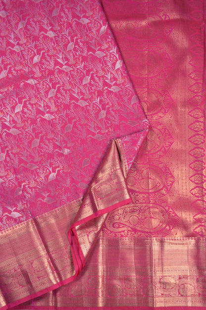 Hot Pink Semi Silk Fancy Cranes Golden Zari Border Pallu Saree